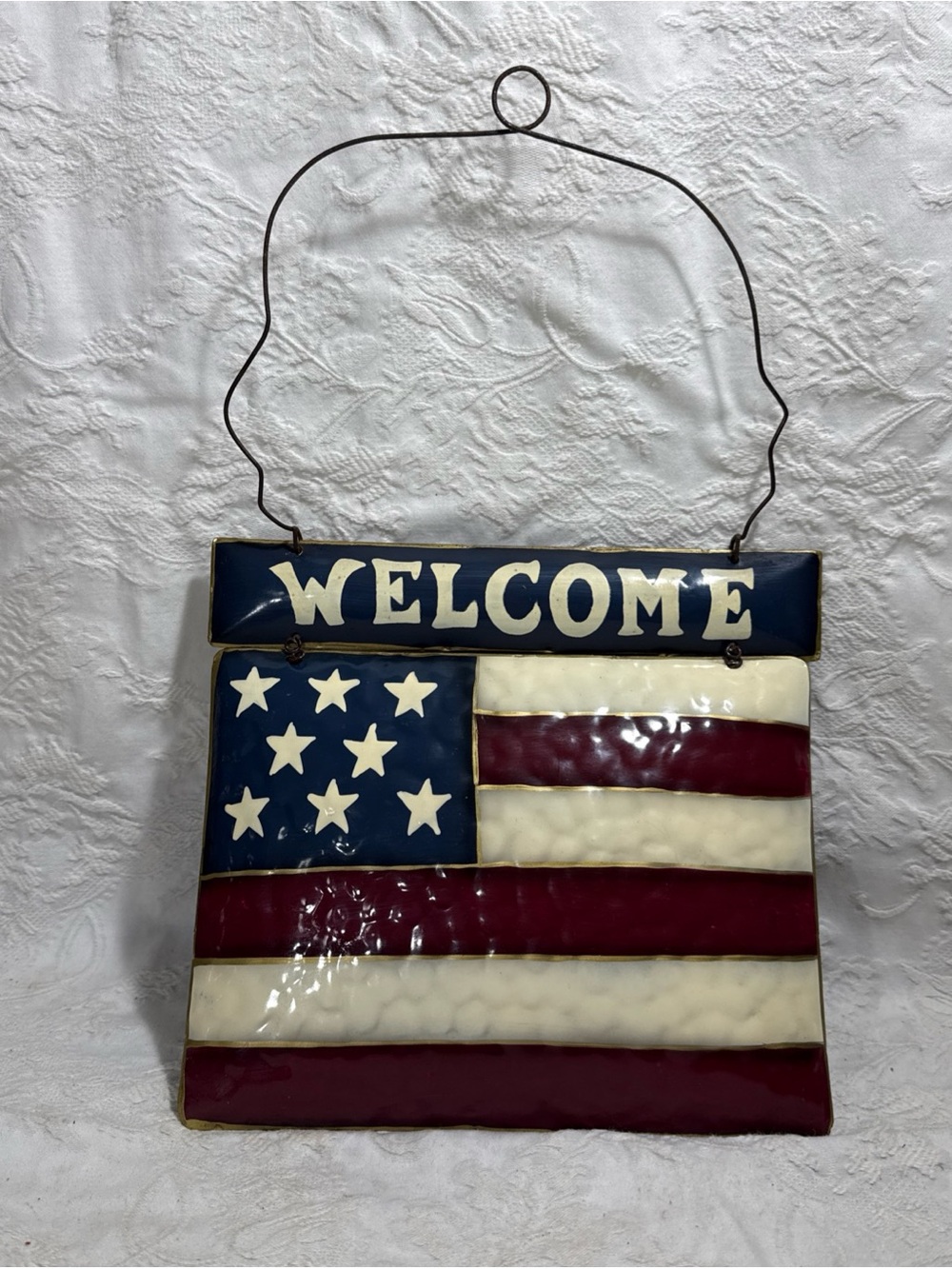 Rustic Metal WELCOME SIGN American Flag USA Stars and Stripes 3D Pillow Style